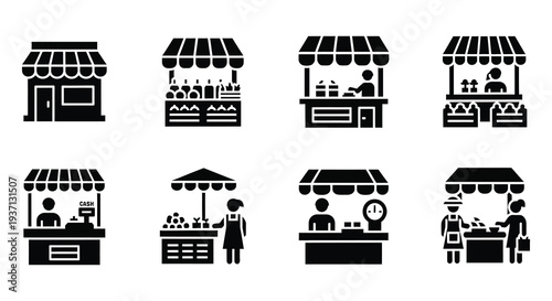 Collection of black and white market stall and shop icons depicting various vendors high quality professional