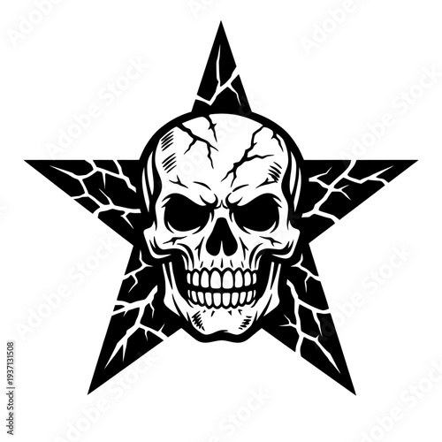Aggressive Cracked Skull in Distressed Star Vector Art - Grungy Black and White Design for Rock, Biker, Punk, and Gothic Themes. Perfect for T-Shirts, Logos, Tattoos, and Rebel Apparel. A Bold and Edg