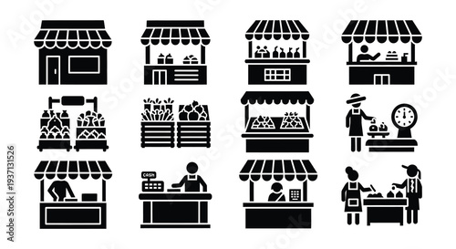 Black and white vector illustration of various market stalls and shopkeeper icons high quality professional detailed