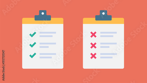 Checklist test survey form on clipboard icons flat cartoon simple minimal drawn illustration set, evaluation assessment failure and success exam reports, questionnaire audit inspection sings  
