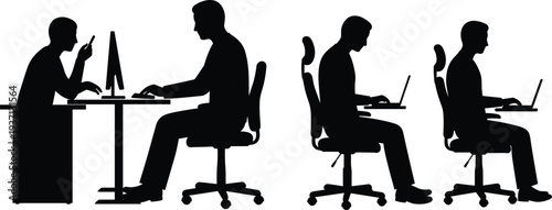 Silhouette office workers at desks with computers, teamwork, collaboration, remote work, business workspace, productivity, technology, workplace scene