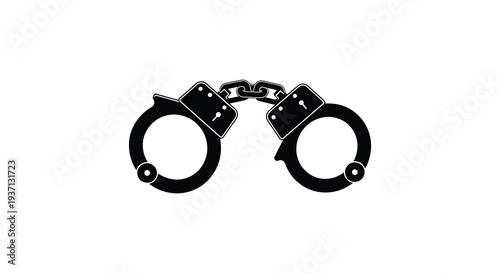 A stark black silhouette depicts a pair of closed handcuffs against a clean white background