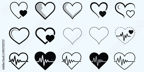 Fifteen heart icons with varied designs including electrocardiogram lines and solid fills Keywords: heart, shape, icon, symbol