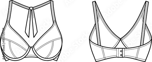 Women halter neck bra technical fashion sketch front and back view, lingerie underwear design template, underwire bra apparel line drawing illustration