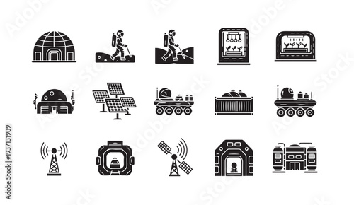 Modern space exploration and renewable energy technology icons