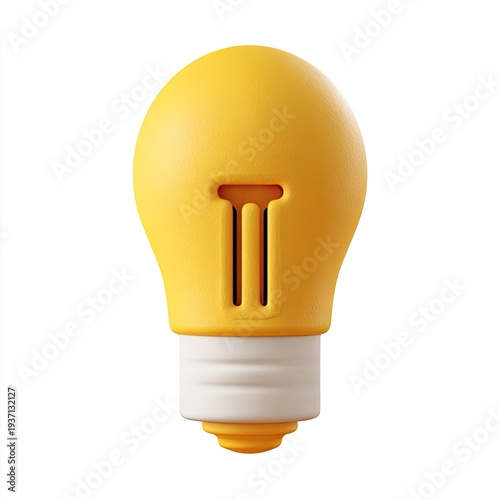 A stylized, isolated 3D cartoon lightbulb in bright yellow and white