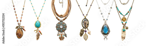 Natural mineral talismans necklaces collection of dendritic agate, labradorite, turquoise pendants with organic leaf and owl charms, hand-crafted aesthetic