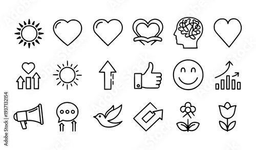 Happiness and motivation outline icon set for positive mindset concepts
