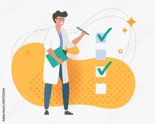Doctor with clipboard medical checklist vector graphic modern simple minimal illustration design, physician specialist man person drawn doodle, medicine character, professional engineer assess report
