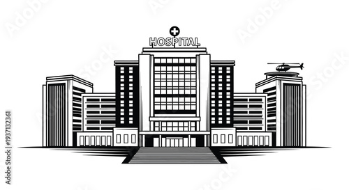 Black and white illustration of a large hospital building with a helipad on the roof