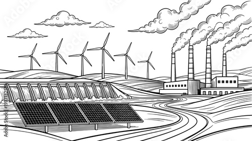 Vintage woodcut style landscape showing renewable energy sources including solar panels wind turbines and hydroelectric dam alongside industrial factory chimneys for sustainable power 