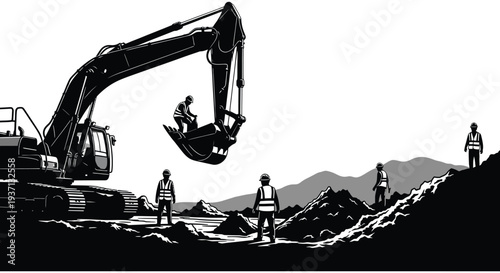 Construction site illustration depicts an excavator and workers in a black and white landscape high quality professional detailed