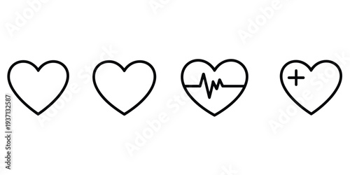 Four heart icons with medical and simple designs on white Keywords: heart, icon, symbol, love, medical, health