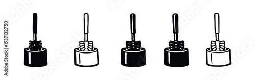 Toilet Brush and Holder Icons Set. Bathroom Cleaning Supplies and Hygiene Tools Vector Collection.