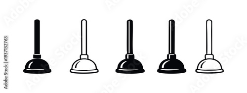 Plumbing Plunger Icons Collection. Household Clog Removal Tools and Bathroom Maintenance Equipment Vector.
