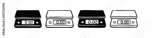 Kitchen Scales Icon Set with Digital Display in Solid and Outline Style