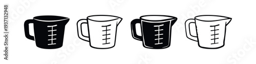 Hand Drawn Measuring Jugs Icon Set with Graduated Markings in Solid and Outline Style