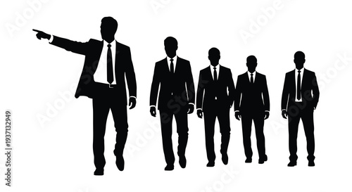 Silhouettes of five businessmen walking in a line one pointing forward with authority high quality professional