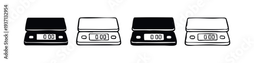 Hand Drawn Kitchen Scales Icon Set with Digital Display in Solid and Outline Style