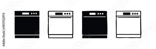 Dishwashers Icon Set with Control Panels in Solid and Outline Style