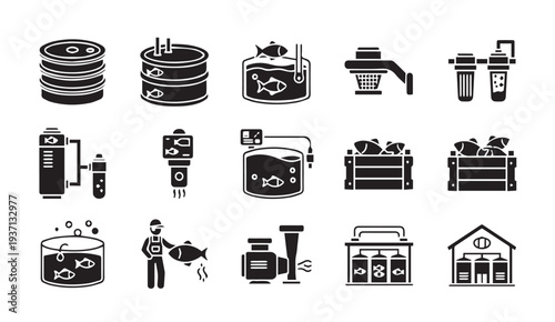 Fish farming icons set for aquaculture and seafood industry