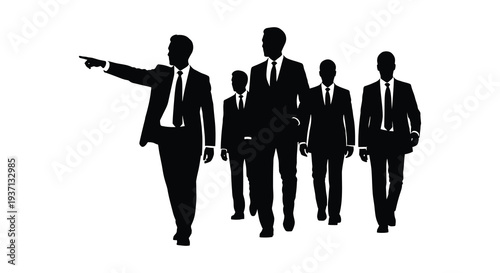 Silhouettes of four businessmen walking with one gesturing forward in a leadership pose high quality professional