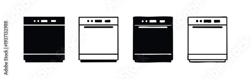 Hand Drawn Dishwashers Icon Set with Control Panels in Solid and Outline Style