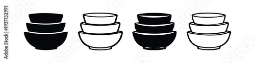 Hand Drawn Stacked Kitchen Bowls Icon Set in Solid and Outline Style
