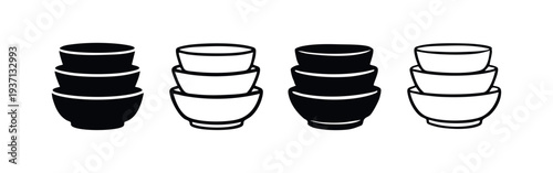 Stacked Kitchen Bowls Icon Set in Solid and Outline Style