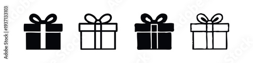 Gift Box Icons Set with Bow in Solid and Hand-Drawn Styles, Present Package Vector Illustration