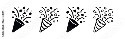 Party Popper Icons with Stars and Confetti, Celebration Vector Set for Festive Events