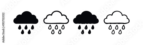 Rain Cloud Icons Set with Water Drops, Weather Forecast Vector Illustration in Different Styles