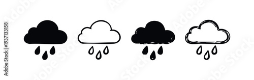 Hand Drawn Rain Cloud Icon Set. Doodle Style Weather Symbols with Water Drops for UI/UX Design.