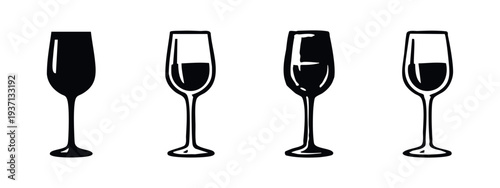 Hand Drawn Champagne Flute Icon Set. Doodle Style Celebration Drinkware with Liquid for Parties.