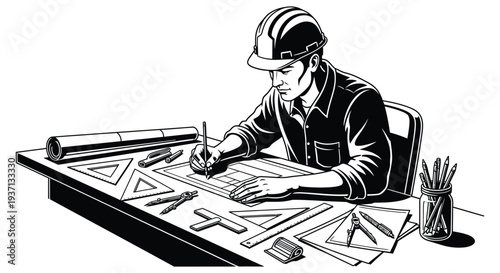 An architect or engineer meticulously works on blueprints at a desk wearing a hard hat