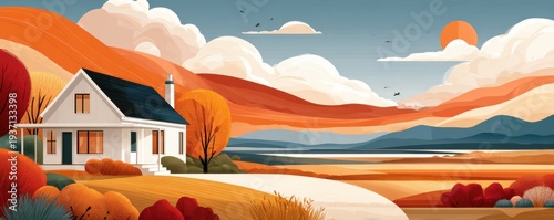 Panel kuchenny z motywem Autumn landscape of a white farmhouse with solar panels in a vivid orange hills setting