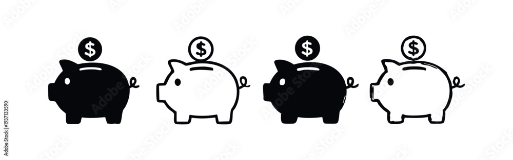 Obraz premium Piggy bank with dollar coin icon set. Financial savings and investment symbols in black and white.