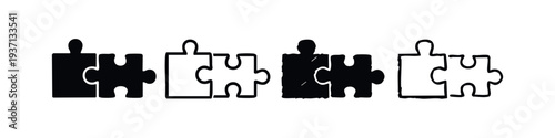 Interlocking puzzle pieces icons for connection and solution concepts in various solid and outline styles
