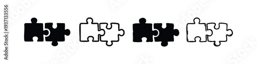 Interlocking puzzle pieces icons for connection and solution concepts in various solid and outline styles