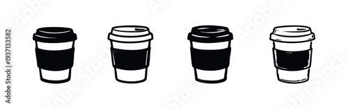 Disposable coffee cup icons, takeaway drink symbols with solid and hand-drawn styles for beverages