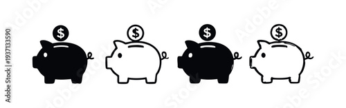 Piggy bank with dollar coin icon set. Financial savings and investment symbols in black and white.
