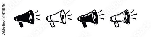 Hand Drawn Megaphone Icon Set with Sound Waves. Doodle Style Communication and Announcement Symbols.