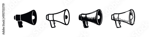 Hand Drawn Megaphone Icon Set. Doodle Style Marketing and Announcement Symbols in Black and White.