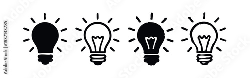 Hand Drawn Idea Light Bulb Icon Set. Doodle Style Inspiration and Solution Symbols with Glowing Effect.