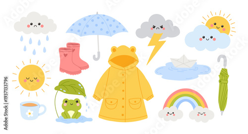 Set of kawaii spring rainy day. Cloud, sun, rainbow, frog, raincoat, umbrella and boots. Elements for rainy season and sunny day. Isolated icons for kids design, forecast concept, nursery decoration