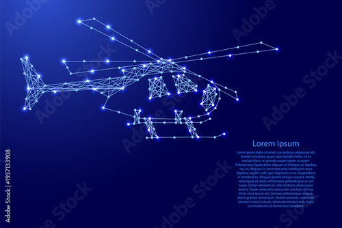 flying helicopter from futuristic polygonal blue lines and glowing stars for banner, poster, greeting card