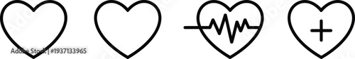 Four outline icons of hearts with medical and health symbols Keywords: heart, love, health, medical, symbol, icon, outline, thin