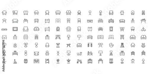 Furniture and Home Decor Line Icons Set Vector Graphic Elements Keywords: furniture, home, decor, interior, design, sofa