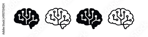 Digital Brain Circuitry Icons Set. Artificial Intelligence and Machine Learning Symbols for Advanced AI Technology.
