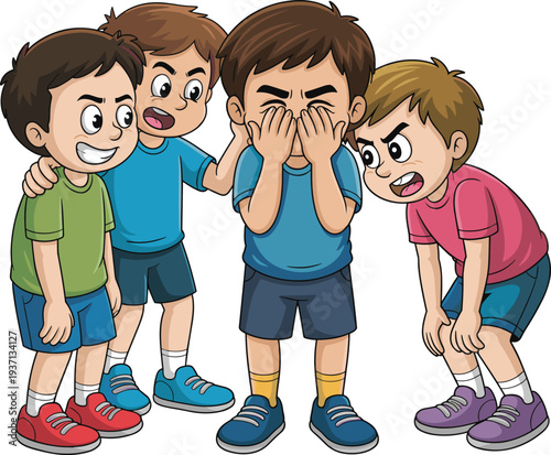 Cartoon Scene of School Bullying with Sad Boy and Teasing Classmates for Anti Bullying Awareness and Childhood Social Issues Vector